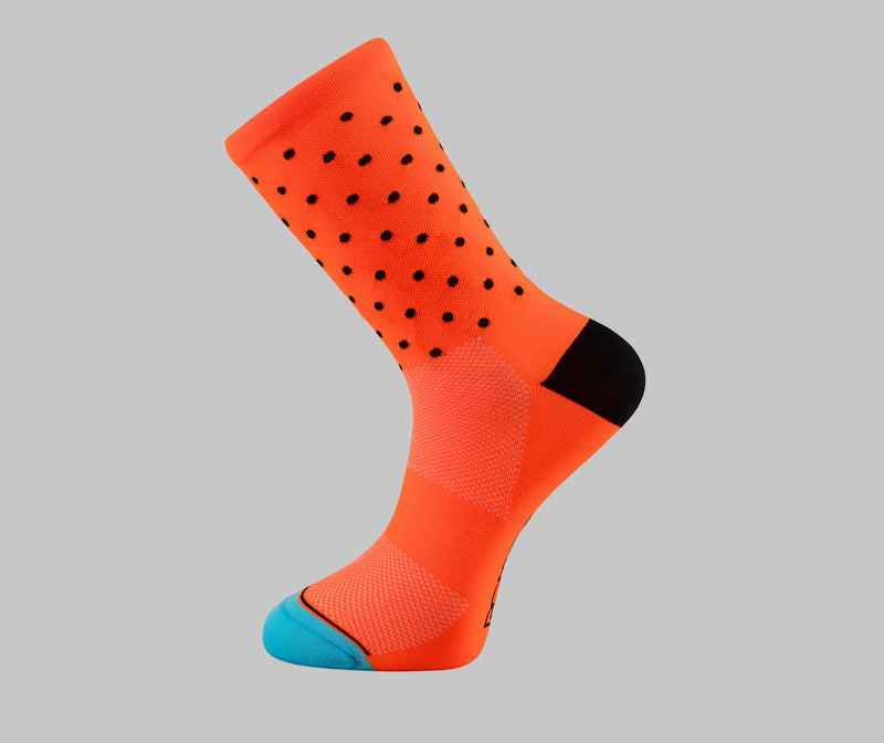 orange polka dot cycling socks