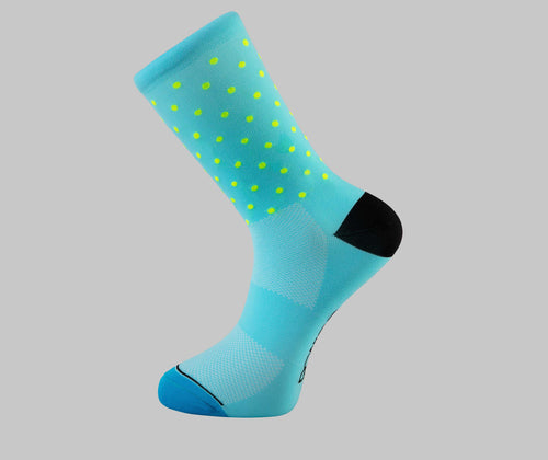 blue polka dot cycling socks